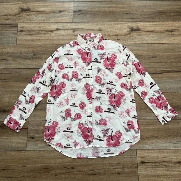 Women's Wes and Willy Button Up Shirt SZ Large Georgia Sports Floral Blouse - Picture 1 of 12